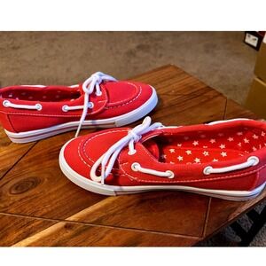 Delic 8 Kids Red Canvas Boat Shoes Size 2 Star‎ Print Lining Lace Up Casual NWOT